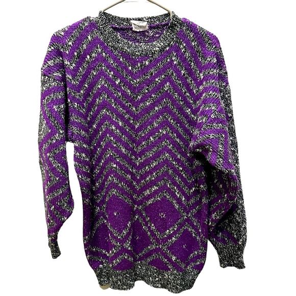D. D. Sloane purple and gray heather chevron striped long sweater size large - Picture 1 of 11